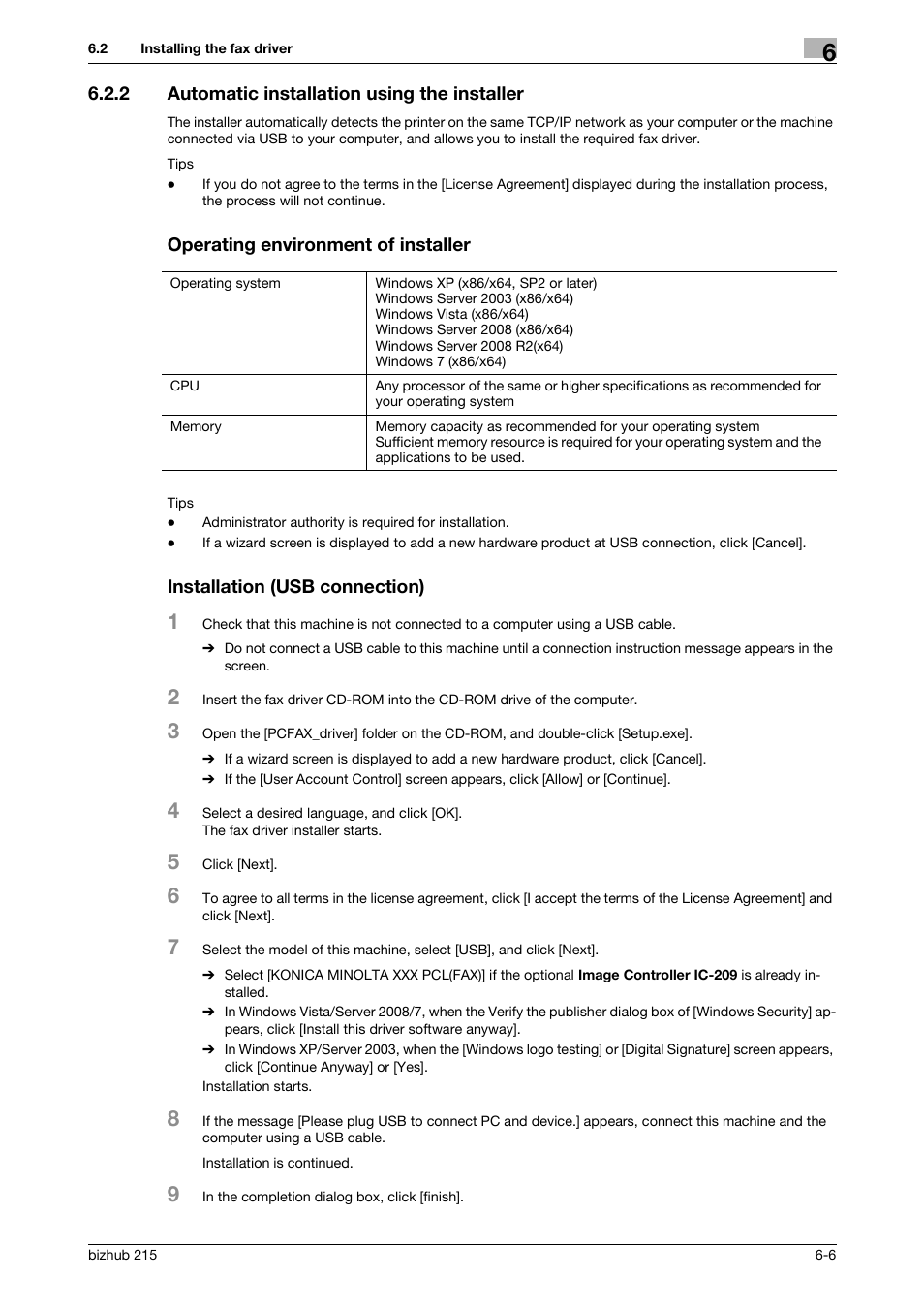 2 automatic installation using the installer, Operating environment of installer, Installation (usb connection) | P. 6-6 | Konica Minolta Bizhub 215 User Manual | Page 83 / 166