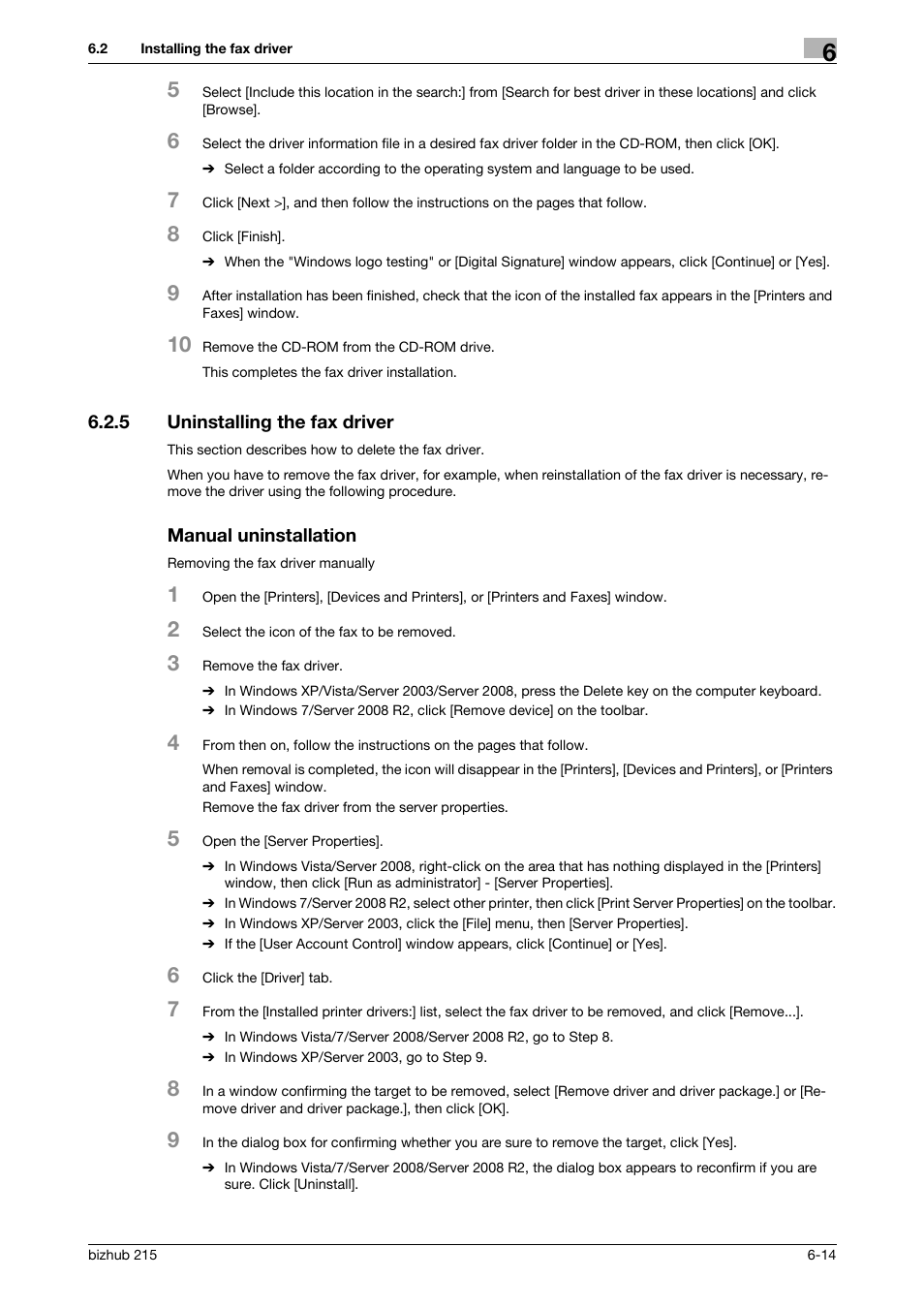 5 uninstalling the fax driver, Manual uninstallation | Konica Minolta Bizhub 215 User Manual | Page 91 / 166