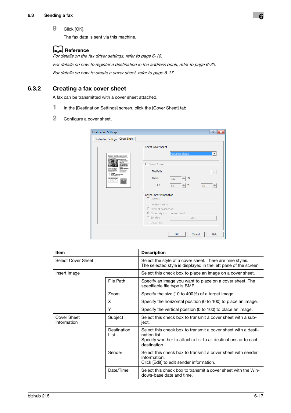 2 creating a fax cover sheet, Creating a fax cover sheet -17 | Konica Minolta Bizhub 215 User Manual | Page 94 / 166