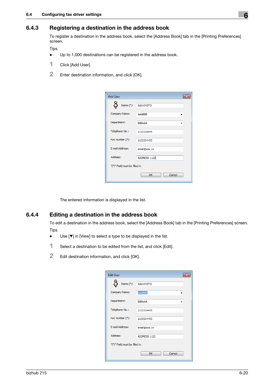 3 registering a destination in the address book, 4 editing a destination in the address book, Registering a destination in the address book -20 | Editing a destination in the address book -20 | Konica Minolta Bizhub 215 User Manual | Page 97 / 166