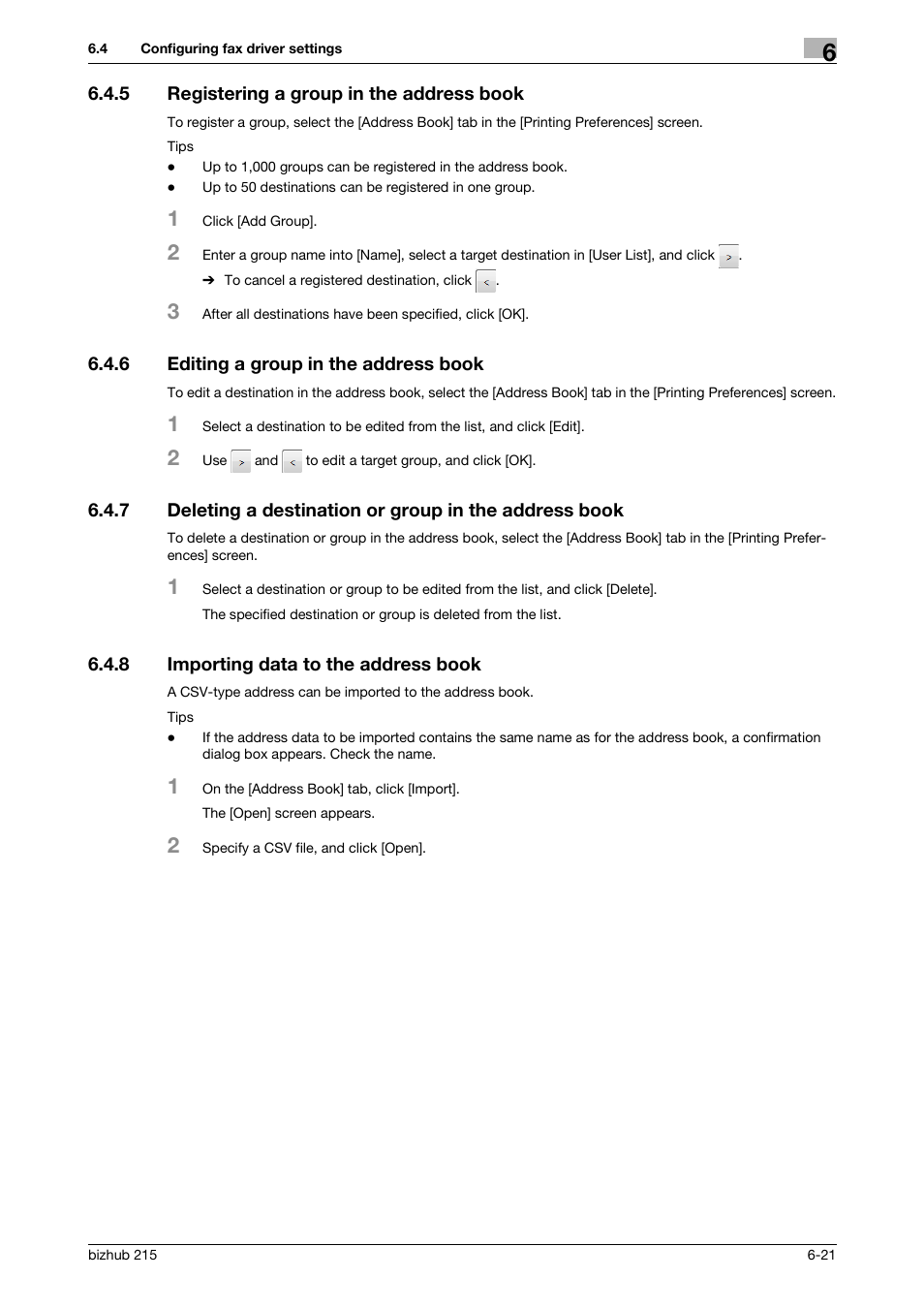 5 registering a group in the address book, 6 editing a group in the address book, 8 importing data to the address book | Registering a group in the address book -21, Editing a group in the address book -21, Importing data to the address book -21 | Konica Minolta Bizhub 215 User Manual | Page 98 / 166