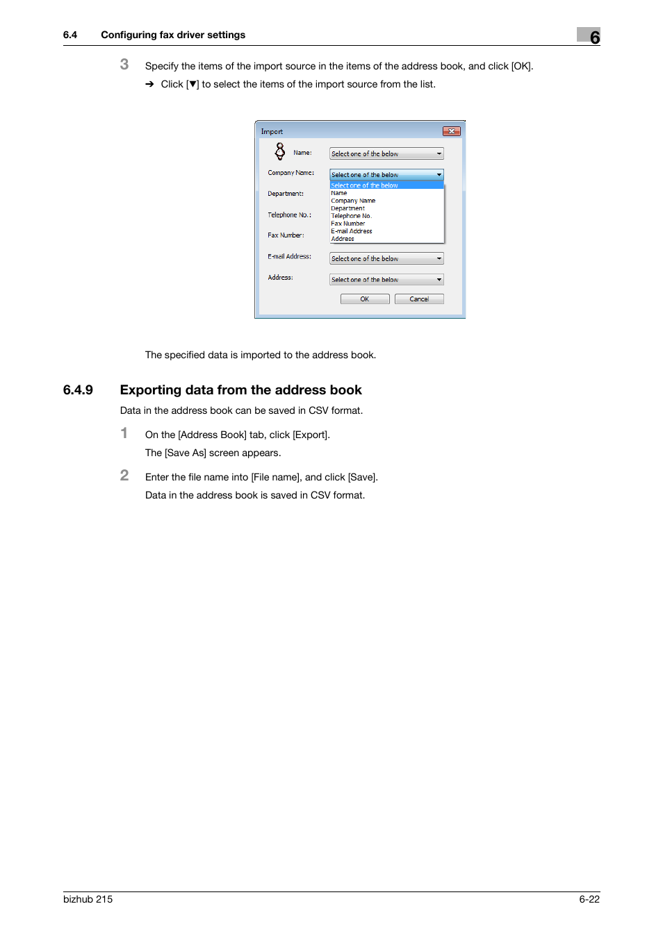 9 exporting data from the address book, Exporting data from the address book -22 | Konica Minolta Bizhub 215 User Manual | Page 99 / 166