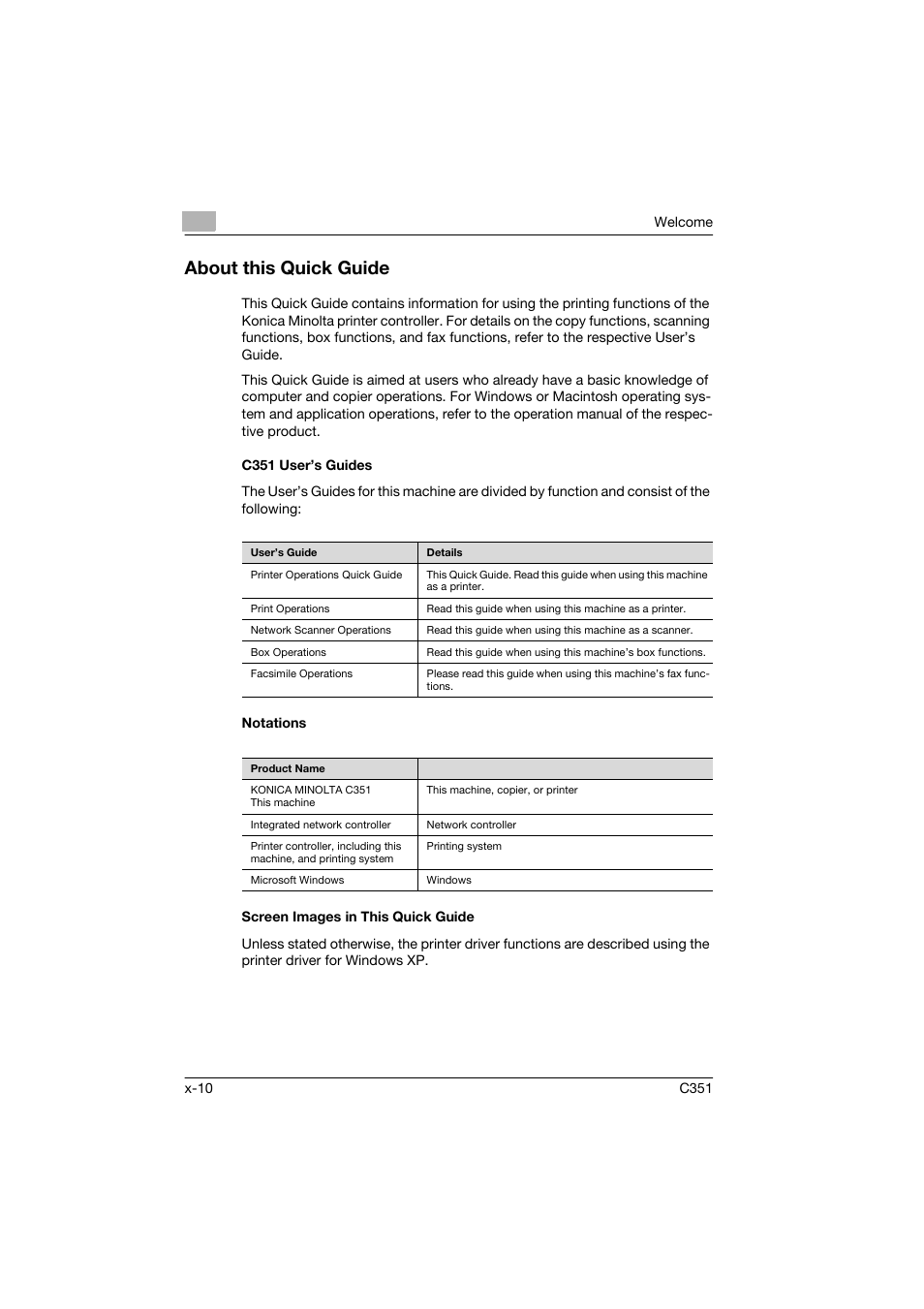 About this quick guide, C351 user’s guides, Notations | Screen images in this quick guide | Konica Minolta BIZHUB C351 User Manual | Page 11 / 90