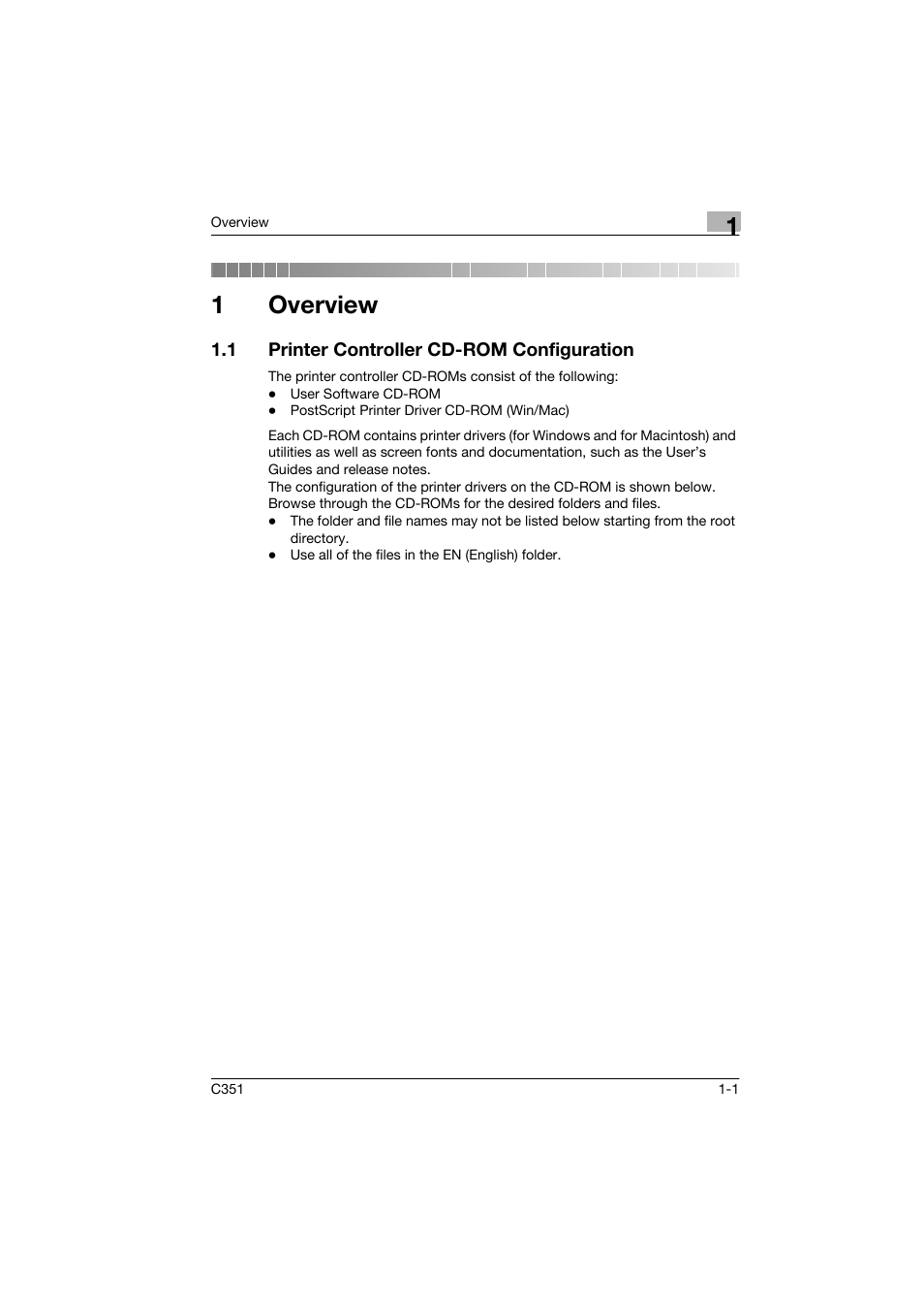 1 overview, 1 printer controller cd-rom configuration, Overview | Printer controller cd-rom configuration -1, 1overview | Konica Minolta BIZHUB C351 User Manual | Page 14 / 90