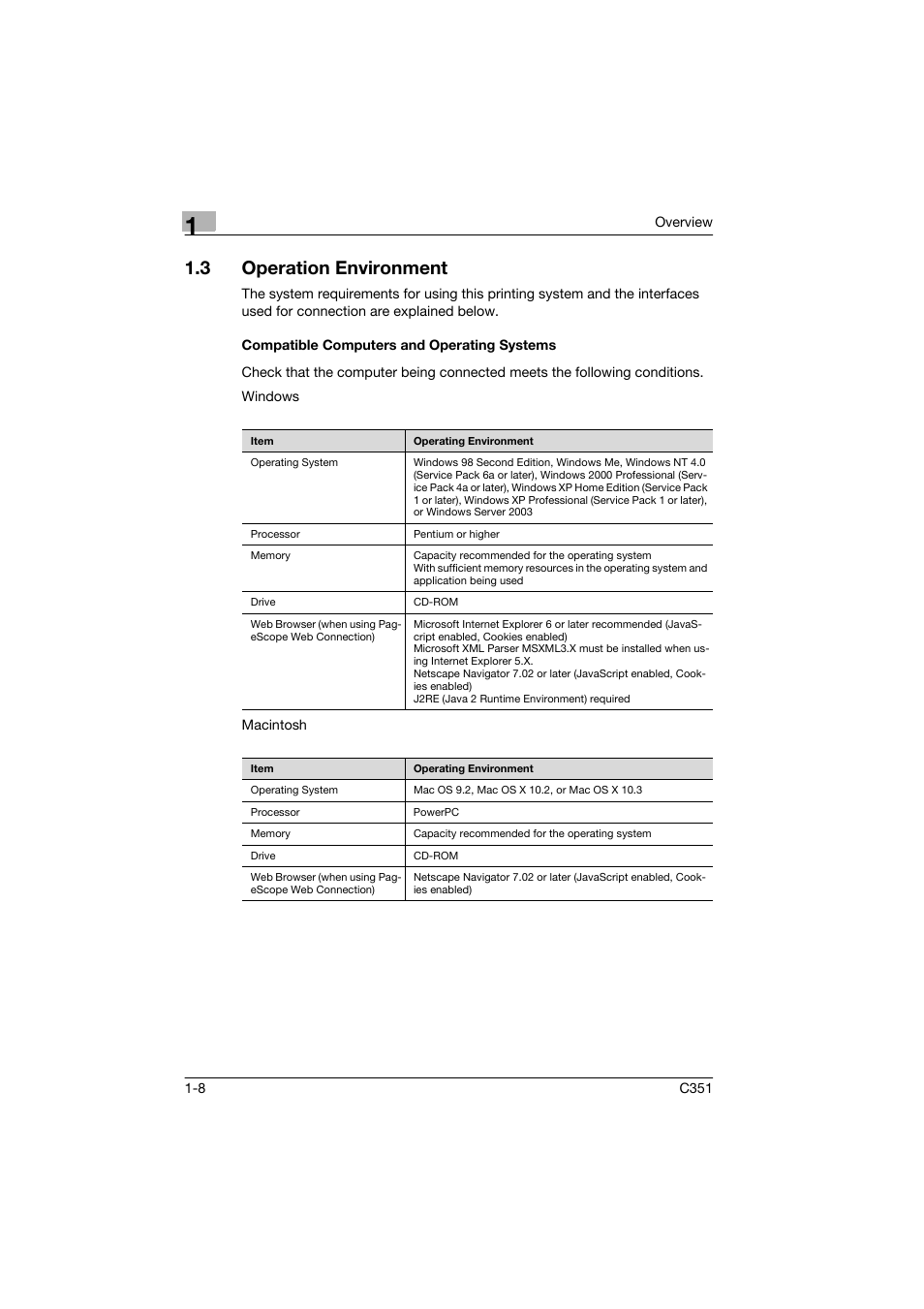 3 operation environment, Compatible computers and operating systems, Operation environment -8 | Compatible computers and operating systems -8 | Konica Minolta BIZHUB C351 User Manual | Page 21 / 90