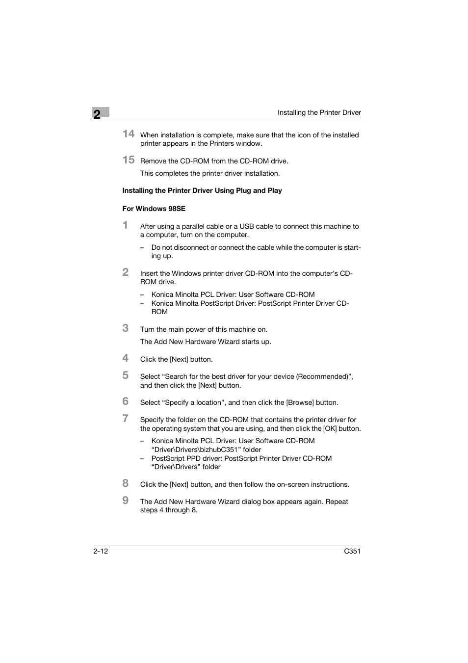 Installing the printer driver using plug and play, For windows 98se | Konica Minolta BIZHUB C351 User Manual | Page 37 / 90