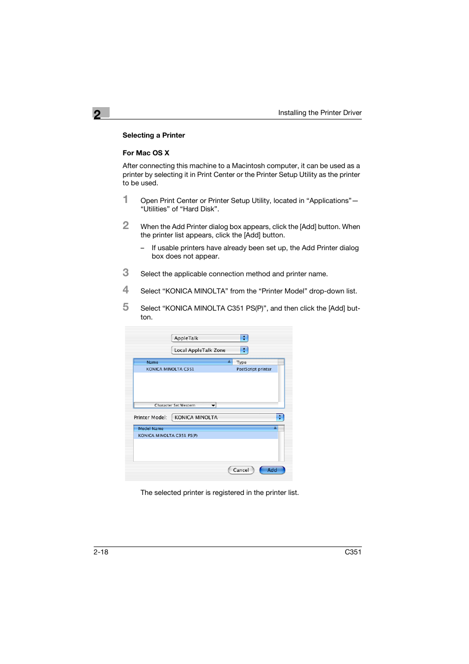 Selecting a printer, For mac os x, Selecting a printer -18 for mac os x -18 | Konica Minolta BIZHUB C351 User Manual | Page 43 / 90