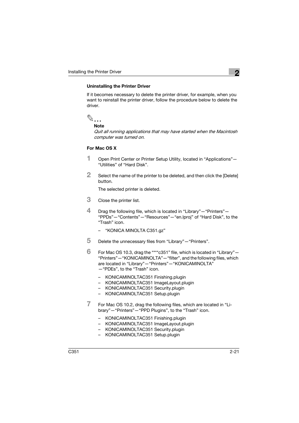 Uninstalling the printer driver, For mac os x | Konica Minolta BIZHUB C351 User Manual | Page 46 / 90