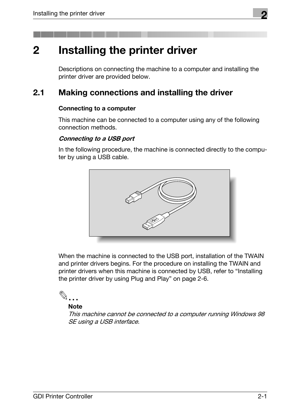 2 installing the printer driver, 1 making connections and installing the driver, Connecting to a computer | Installing the printer driver, Making connections and installing the driver -1, Connecting to a computer -1, 2installing the printer driver | Konica Minolta bizhub 181 User Manual | Page 14 / 92