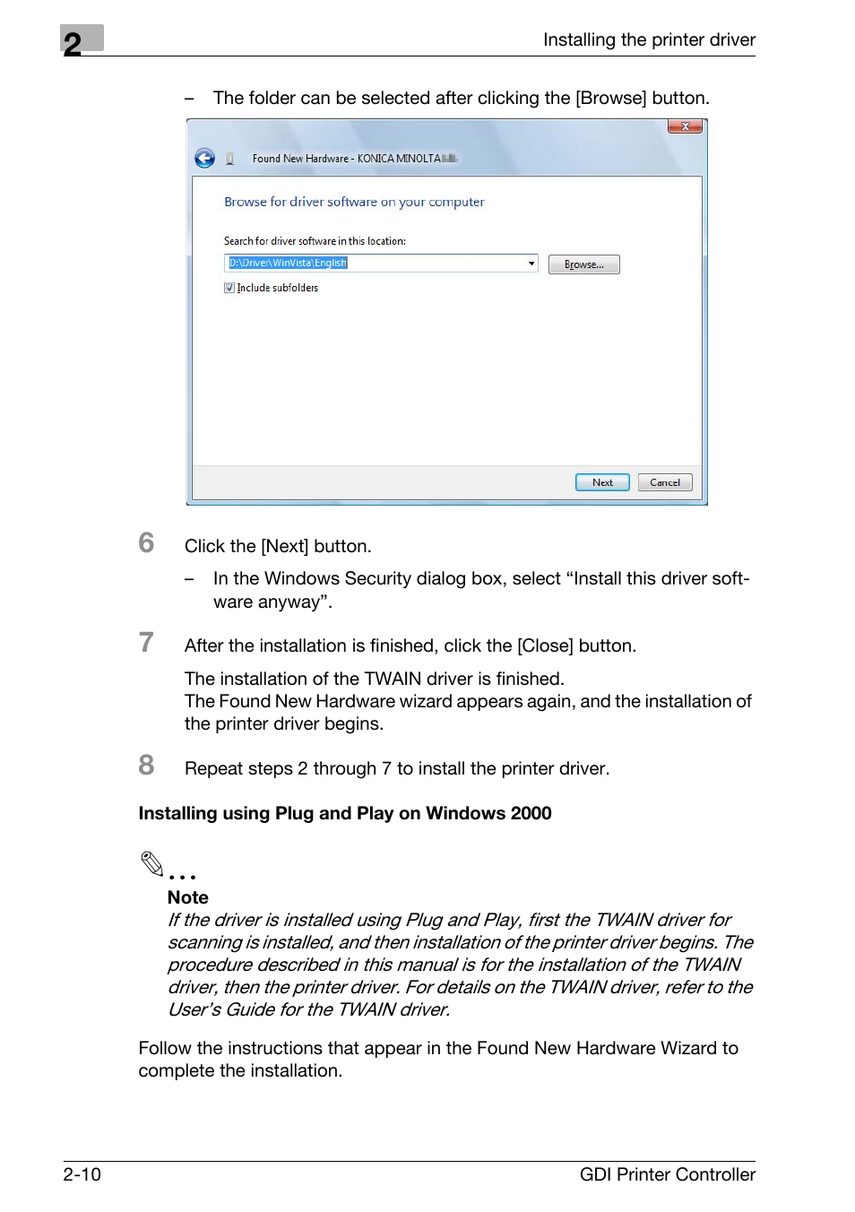 Installing using plug and play on windows 2000, Installing using plug and play on windows 2000 -10 | Konica Minolta bizhub 181 User Manual | Page 23 / 92