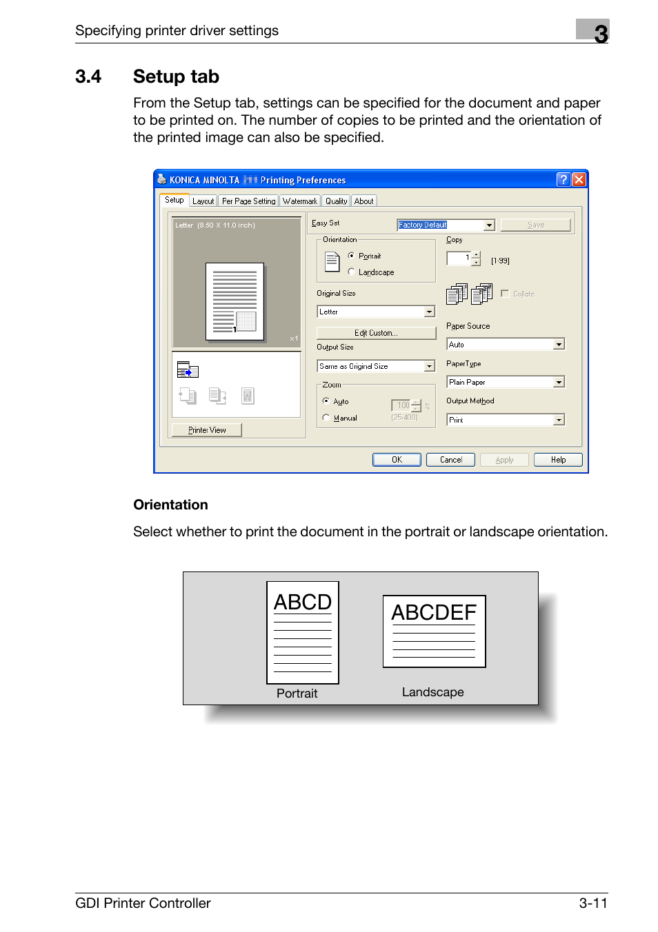 4 setup tab, Orientation, Setup tab -11 | Orientation -11, Abcd abcdef | Konica Minolta bizhub 181 User Manual | Page 54 / 92