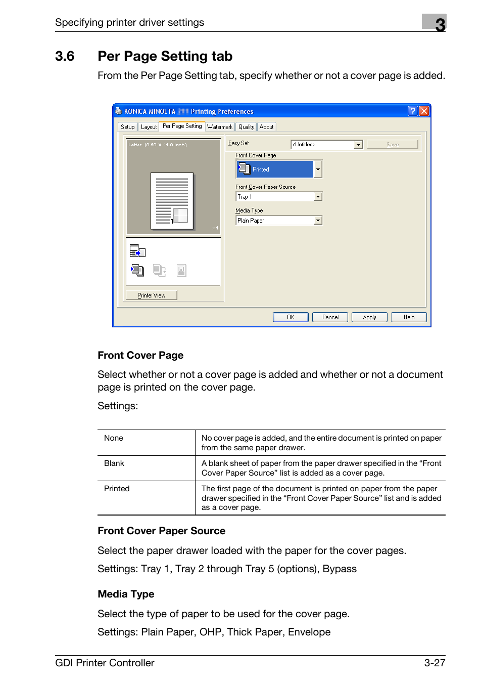 Front cover paper source, Media type, 6 per page setting tab | Konica Minolta bizhub 181 User Manual | Page 70 / 92