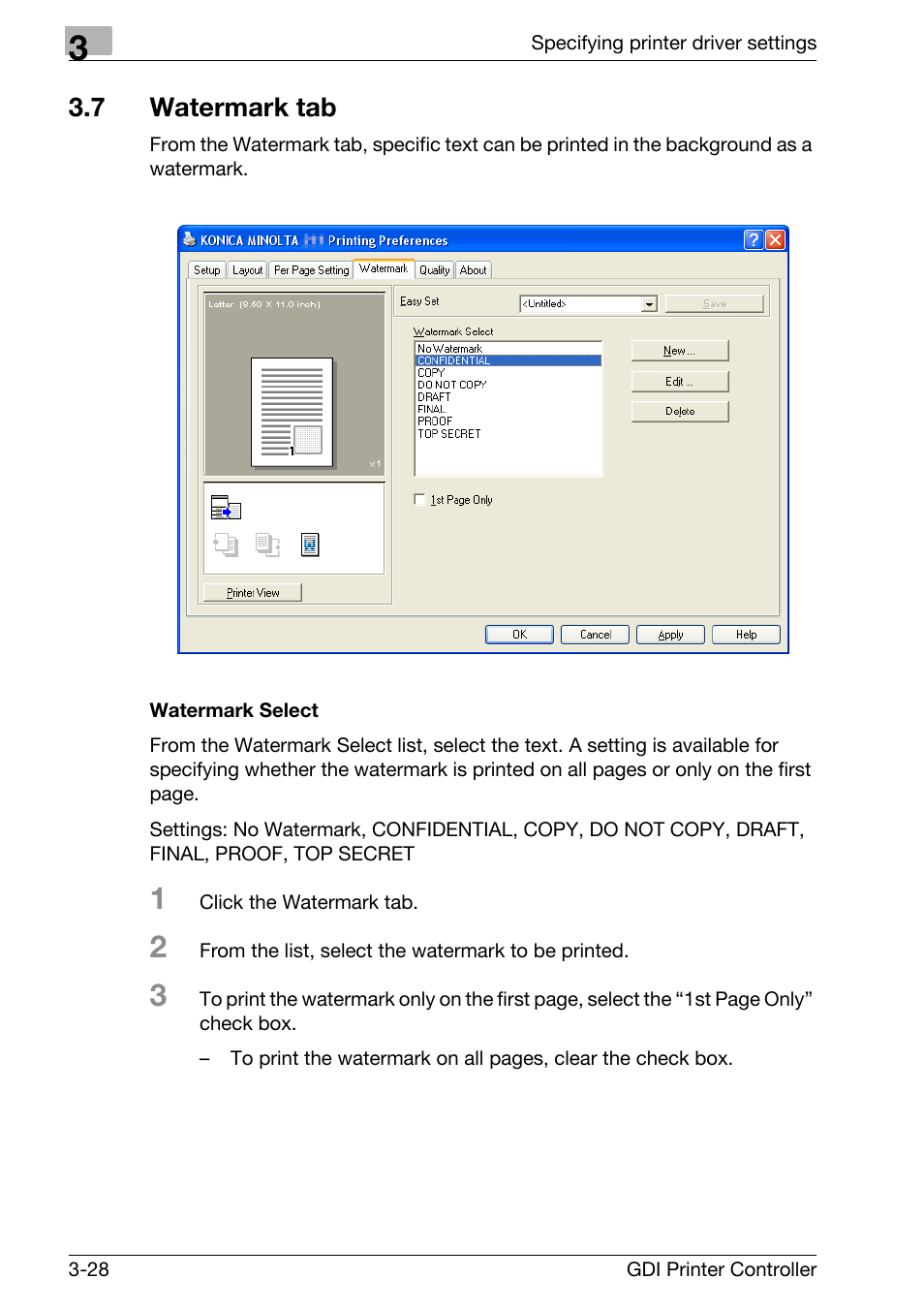7 watermark tab, Watermark select, Watermark tab -28 | Watermark select -28 | Konica Minolta bizhub 181 User Manual | Page 71 / 92