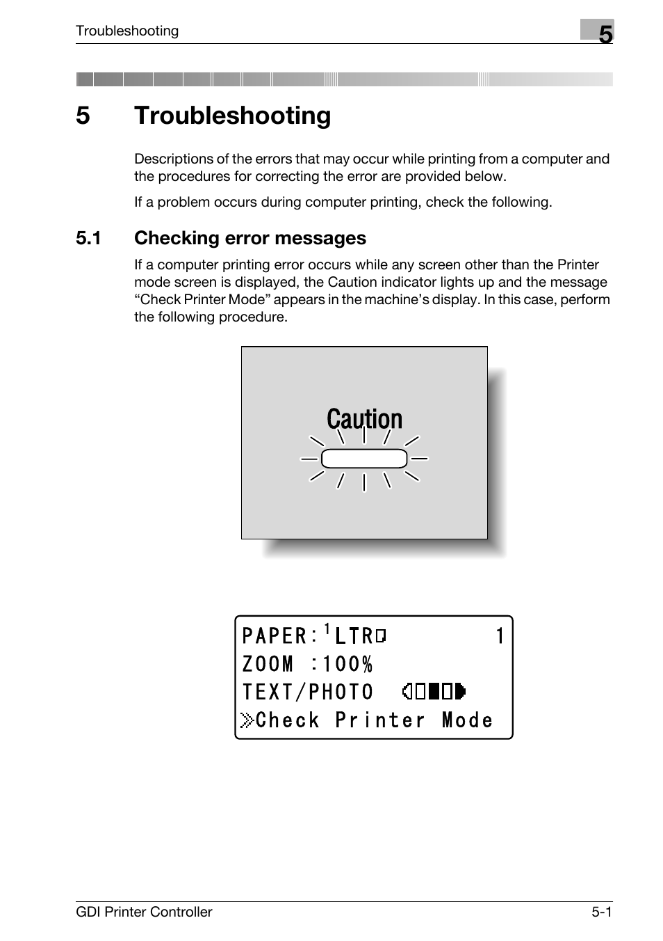 5 troubleshooting, 1 checking error messages, Troubleshooting | Checking error messages -1, 5troubleshooting | Konica Minolta bizhub 181 User Manual | Page 86 / 92