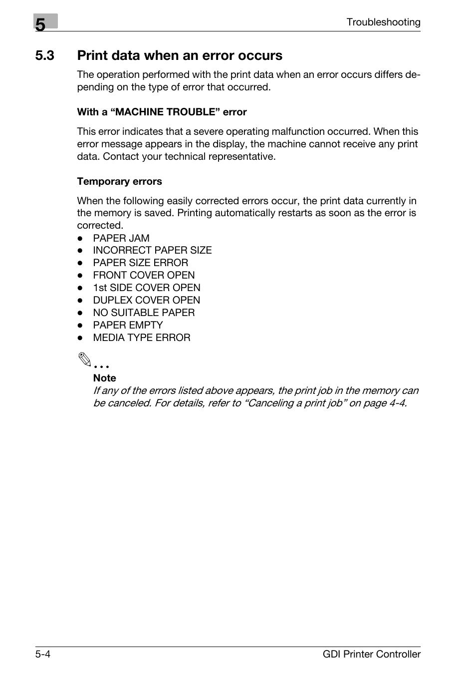 3 print data when an error occurs, With a “machine trouble” error, Temporary errors | Print data when an error occurs -4 | Konica Minolta bizhub 181 User Manual | Page 89 / 92