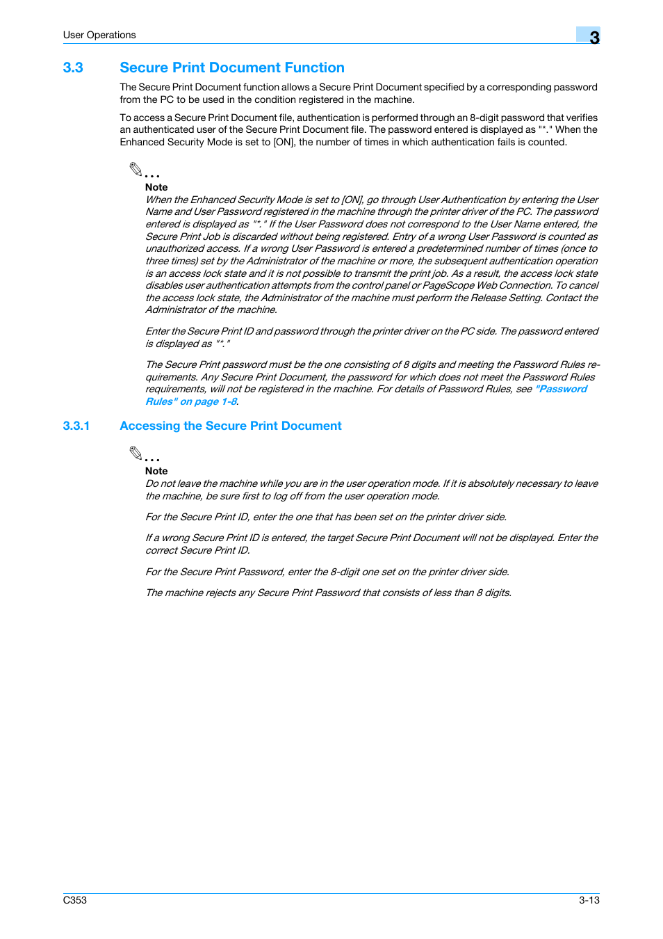 3 secure print document function, 1 accessing the secure print document, Secure print document function -13 | Accessing the secure print document -13 | Konica Minolta bizhub C353 User Manual | Page 128 / 186