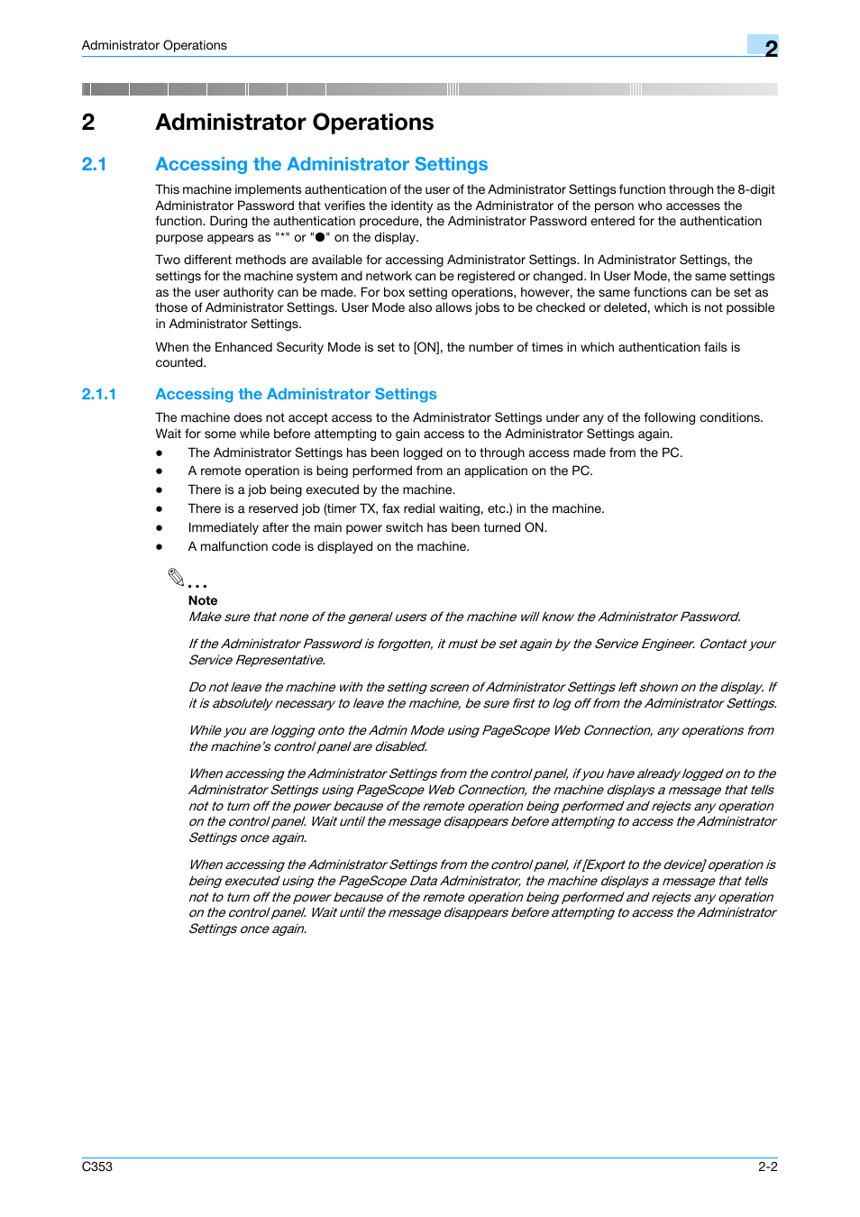 1 accessing the administrator settings, Administrator operations, Accessing the administrator settings -2 | 2administrator operations | Konica Minolta bizhub C353 User Manual | Page 17 / 186