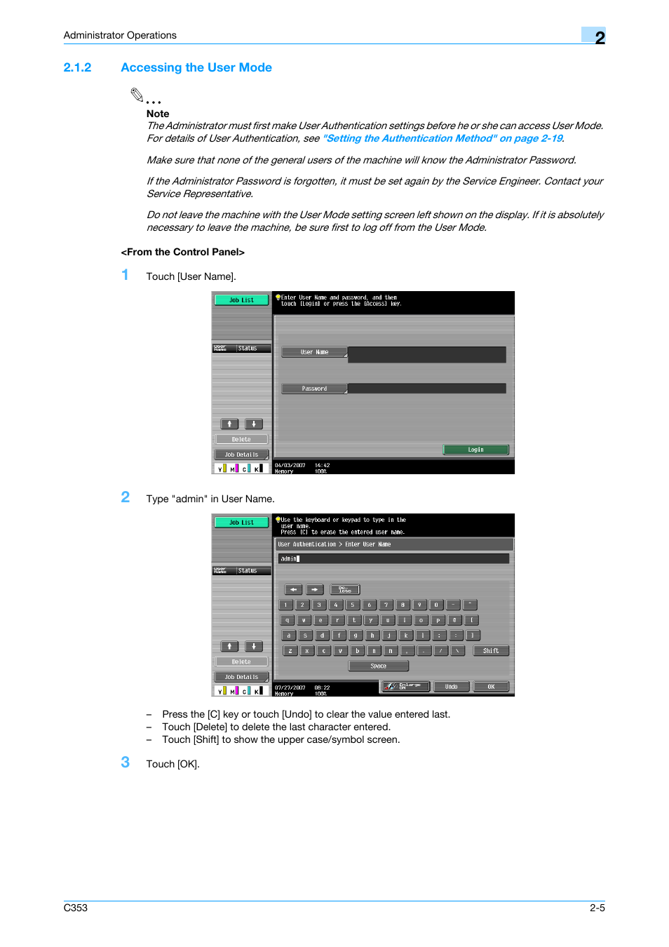 2 accessing the user mode, From the control panel | Konica Minolta bizhub C353 User Manual | Page 20 / 186