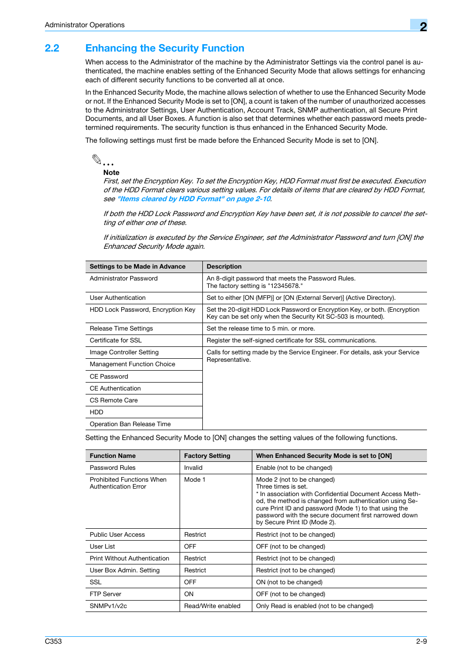 2 enhancing the security function, Enhancing the security function -9 | Konica Minolta bizhub C353 User Manual | Page 24 / 186