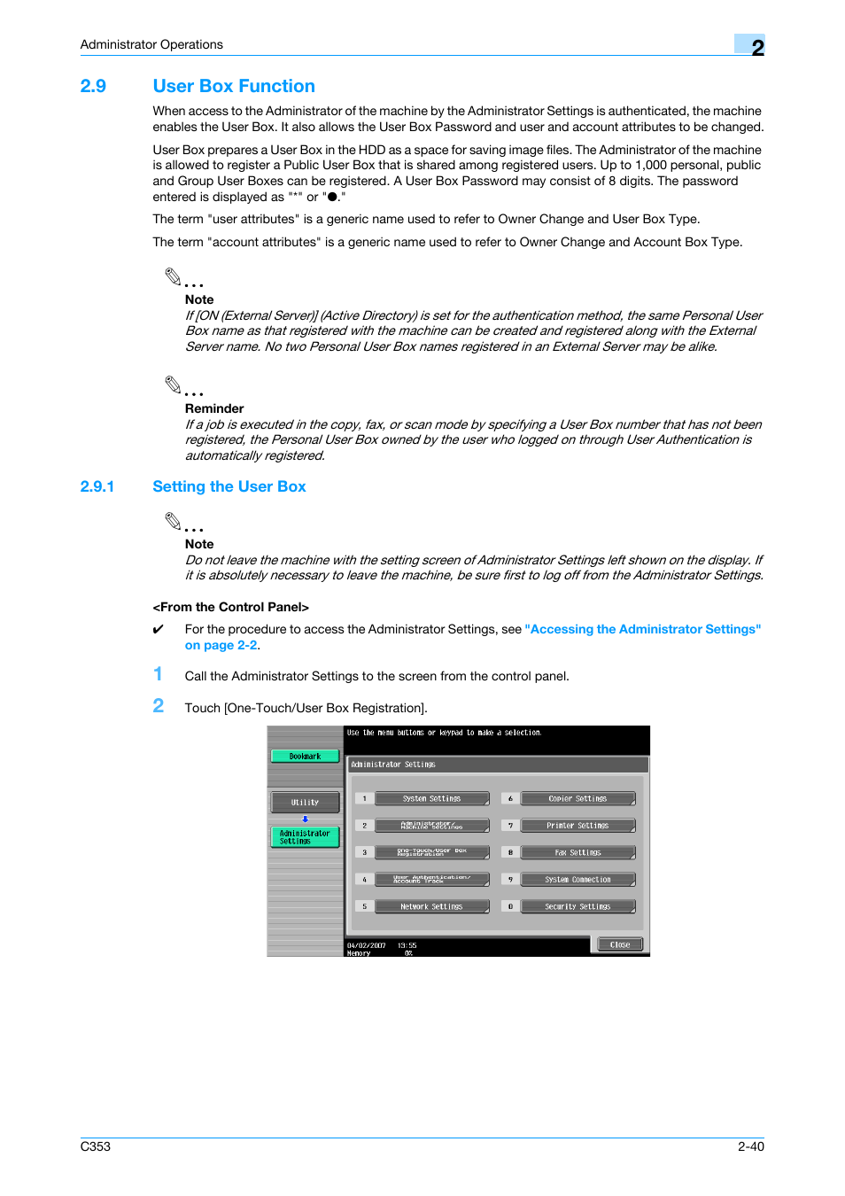 9 user box function, 1 setting the user box, From the control panel | User box function -40 | Konica Minolta bizhub C353 User Manual | Page 55 / 186