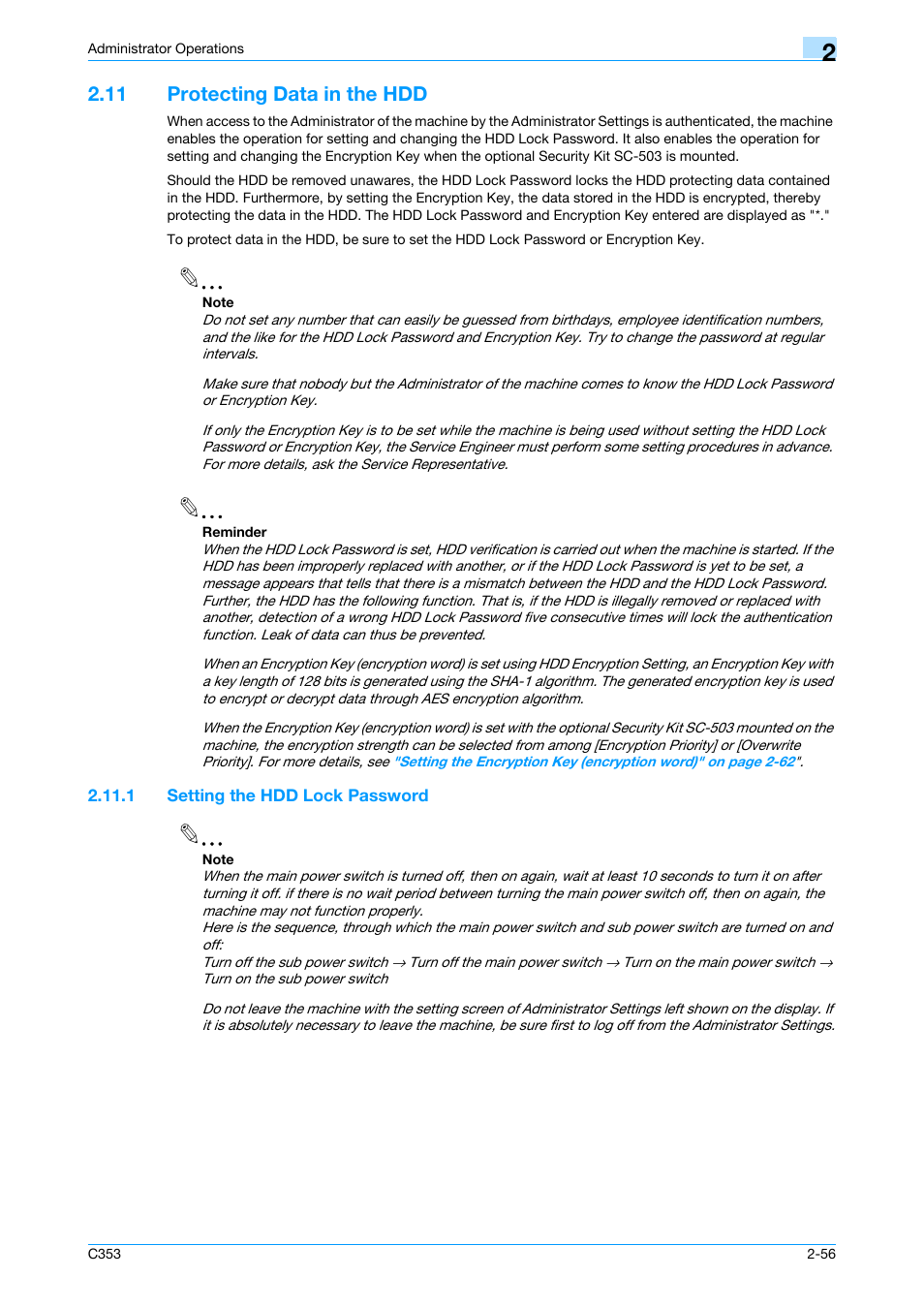 11 protecting data in the hdd, 1 setting the hdd lock password, Protecting data in the hdd -56 | Setting the hdd lock password -56 | Konica Minolta bizhub C353 User Manual | Page 71 / 186