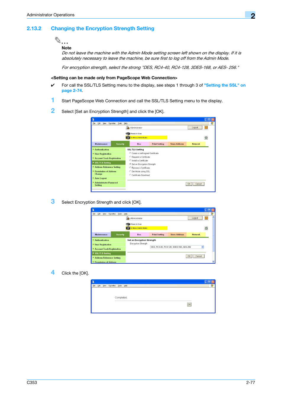 2 changing the encryption strength setting | Konica Minolta bizhub C353 User Manual | Page 92 / 186