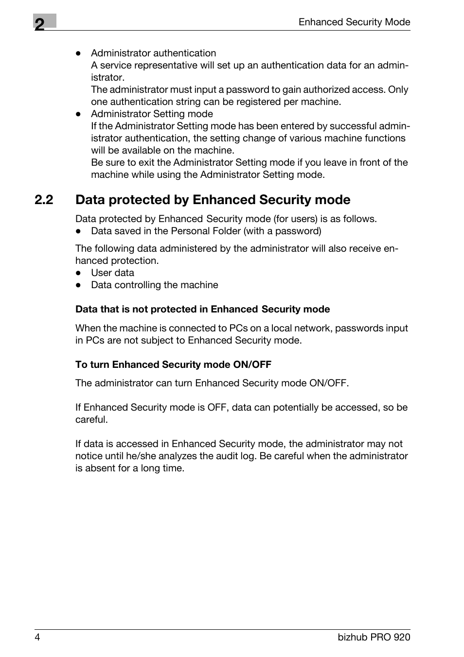 2 data protected by enhanced security mode, Data protected by enhanced security mode | Konica Minolta bizhub PRO 920 User Manual | Page 12 / 76