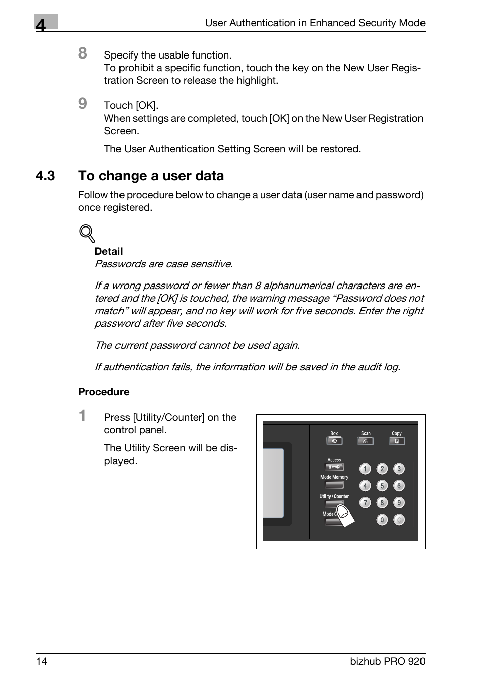 3 to change a user data, To change a user data | Konica Minolta bizhub PRO 920 User Manual | Page 22 / 76