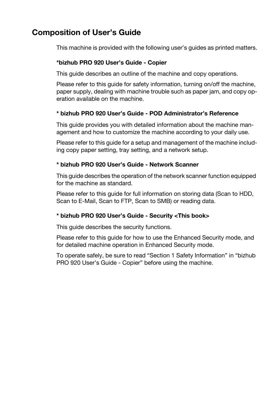 Composition of user’s guide | Konica Minolta bizhub PRO 920 User Manual | Page 5 / 76