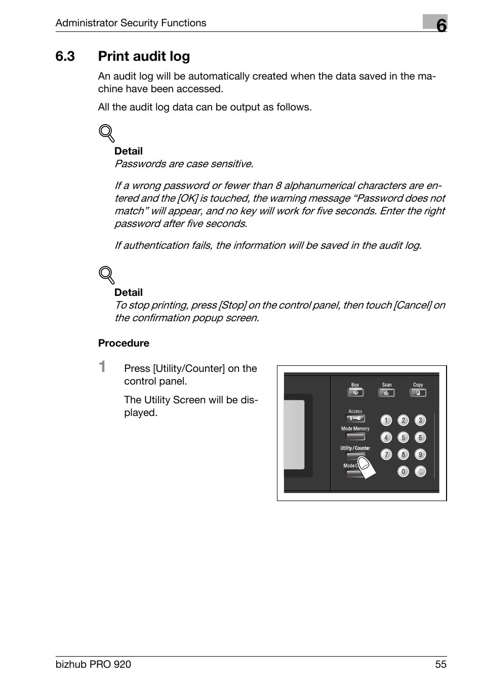 3 print audit log, Print audit log | Konica Minolta bizhub PRO 920 User Manual | Page 63 / 76