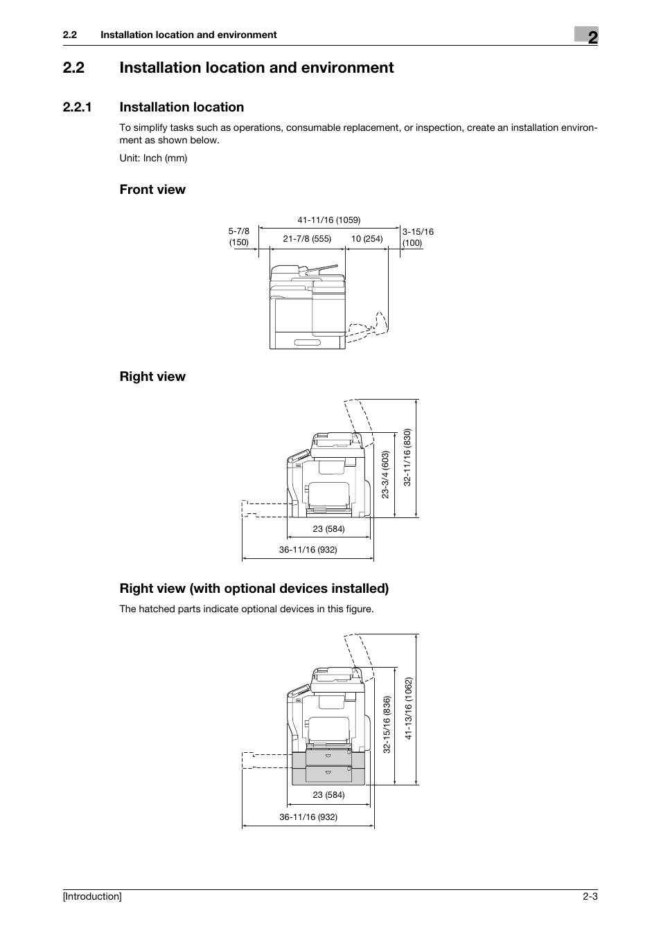 2 installation location and environment, 1 installation location, Front view | Right view, Right view (with optional devices installed), Installation location and environment -3 | Konica Minolta bizhub C3350 User Manual | Page 18 / 91