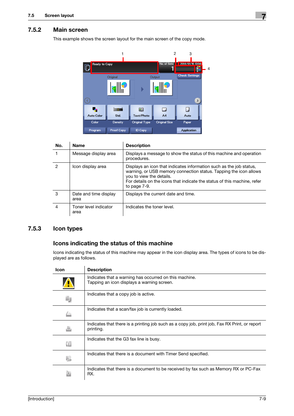 2 main screen, 3 icon types, Icons indicating the status of this machine | Main screen -9 | Konica Minolta bizhub C3350 User Manual | Page 56 / 91