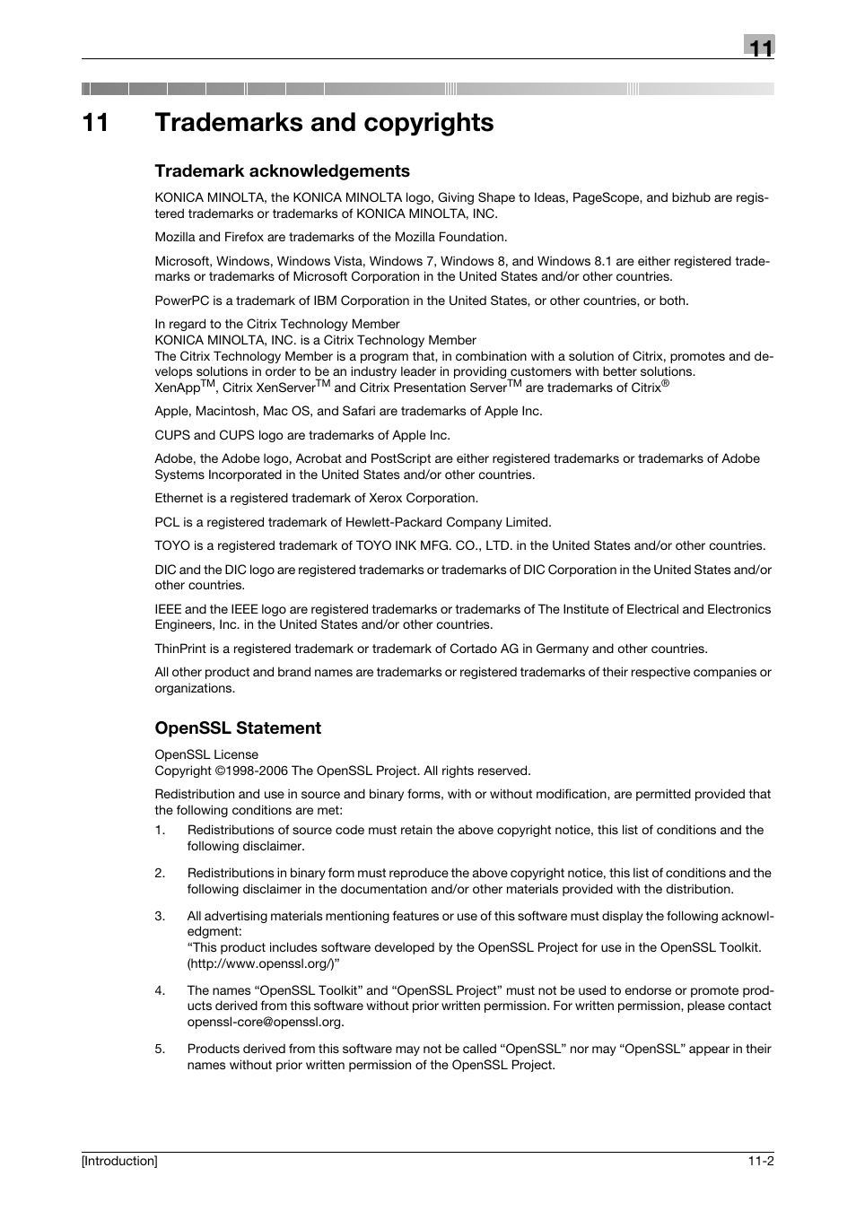 11 trademarks and copyrights, Trademark acknowledgements, Openssl statement | Trademarks and copyrights, Trademark acknowledgements -2 openssl statement -2 | Konica Minolta bizhub C3350 User Manual | Page 74 / 91