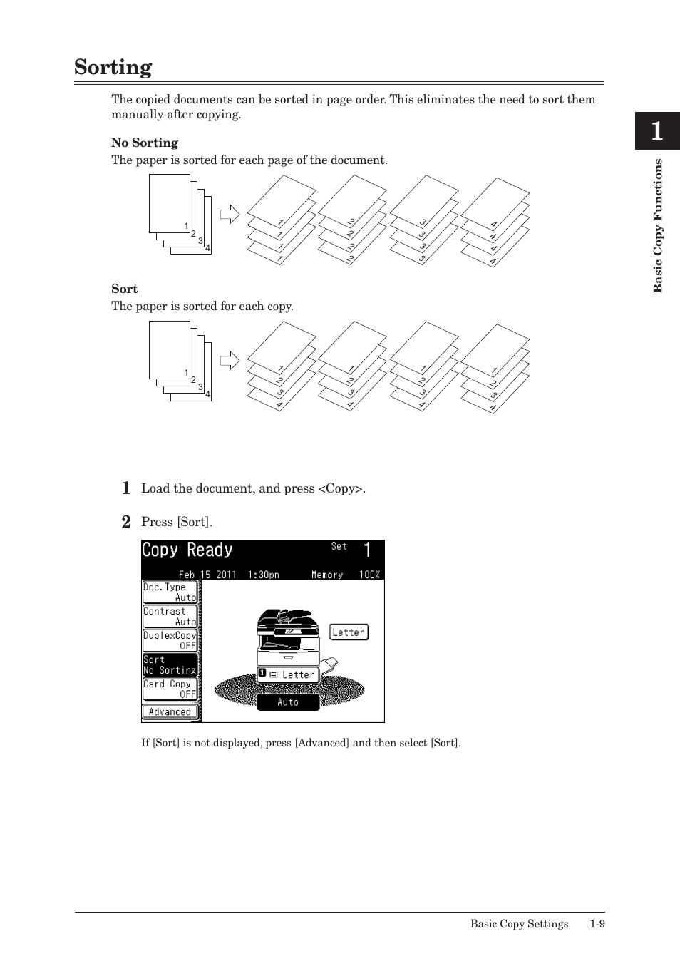 Sorting, Sorting -9, Load the document, and press <copy | Press [sort | Konica Minolta bizhub 25 User Manual | Page 14 / 45