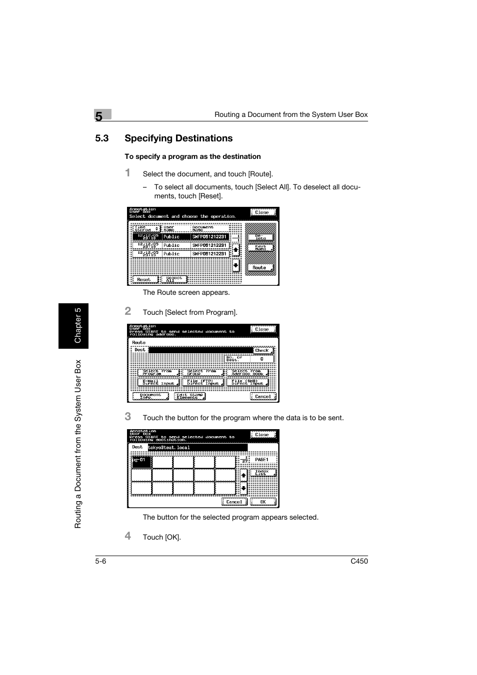 3 specifying destinations, To specify a program as the destination, Specifying destinations -6 | To specify a program as the destination -6, P. 5-6 | Konica Minolta BIZHUB C450 User Manual | Page 109 / 194
