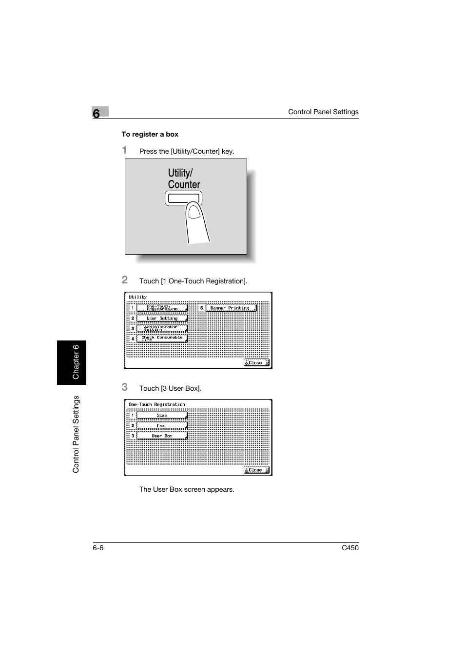 To register a box, To register a box -6, Utility/ counter | Konica Minolta BIZHUB C450 User Manual | Page 131 / 194