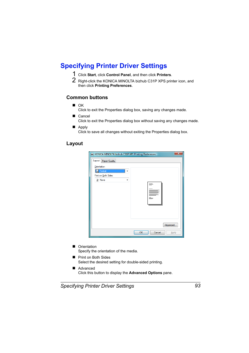 Specifying printer driver settings, Common buttons, Layout | Specifying printer driver settings 93, Common buttons 93 layout 93, Specifying printer driver settings 1 | Konica Minolta bizhub C31P User Manual | Page 111 / 382