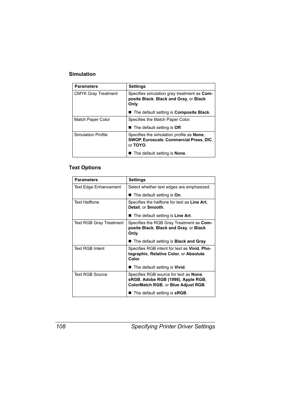 Simulation, Text options, Simulation 108 text options 108 | Specifying printer driver settings 108 | Konica Minolta bizhub C31P User Manual | Page 126 / 382