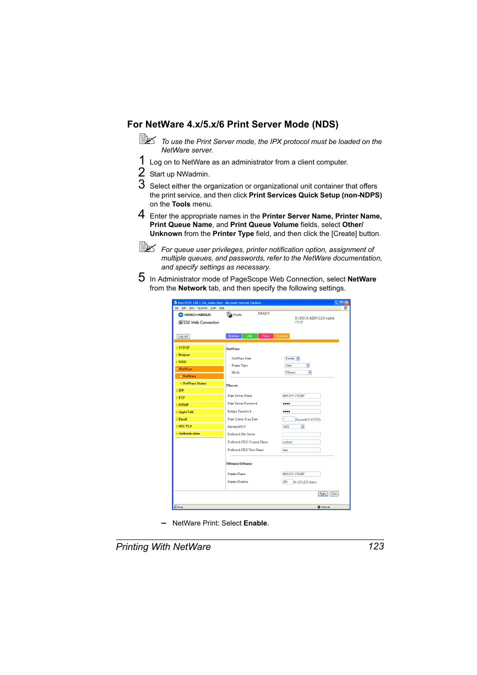 For netware 4.x/5.x/6 print server mode (nds), For netware 4.x/5.x/6 print server mode (nds) 123 | Konica Minolta bizhub C31P User Manual | Page 141 / 382