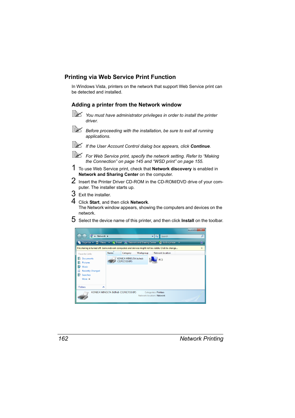 Printing via web service print function, Adding a printer from the network window, Printing via web service print function 162 | Adding a printer from the network window 162 | Konica Minolta bizhub C31P User Manual | Page 180 / 382