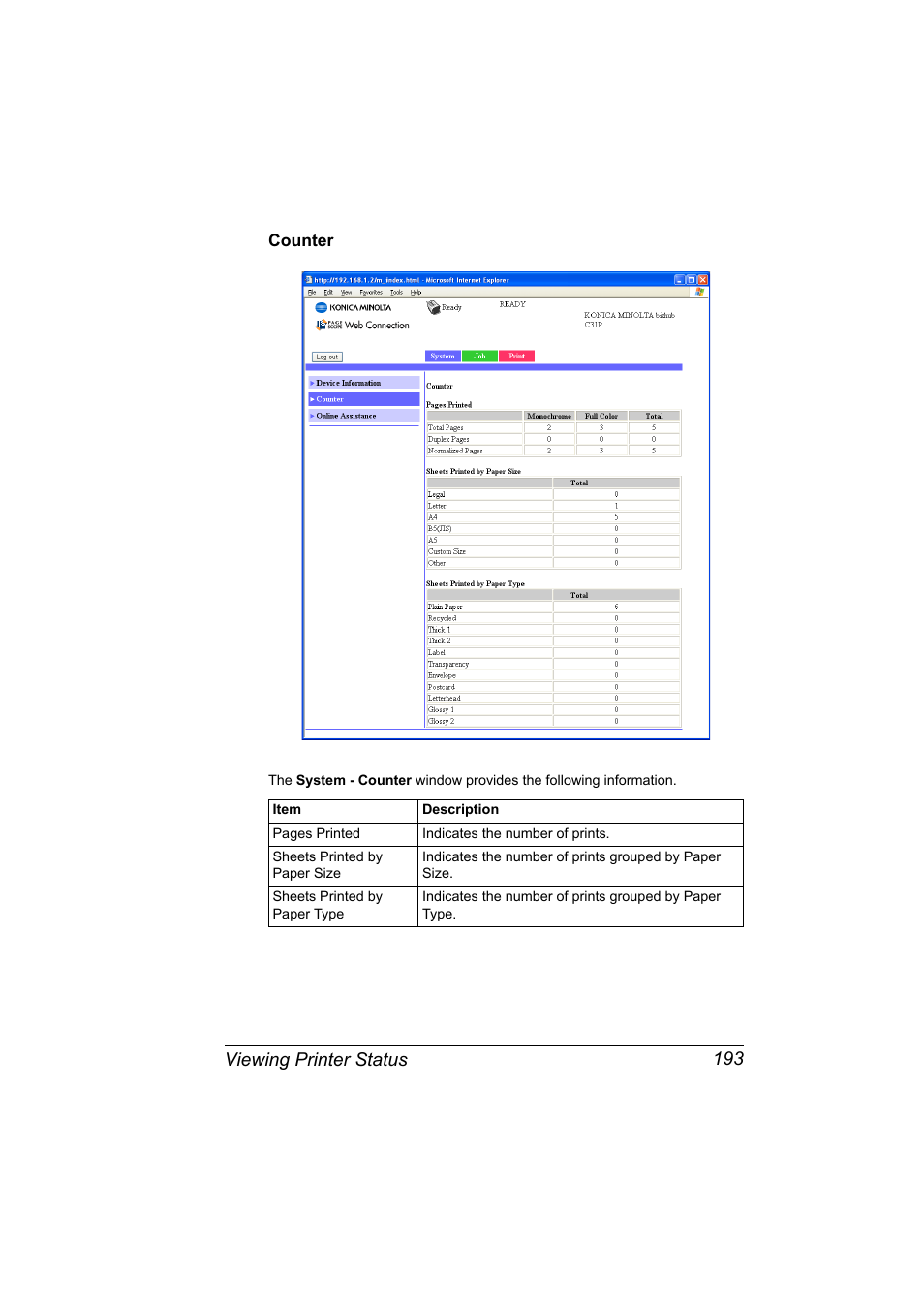 Counter, Counter 193, Viewing printer status 193 | Konica Minolta bizhub C31P User Manual | Page 211 / 382