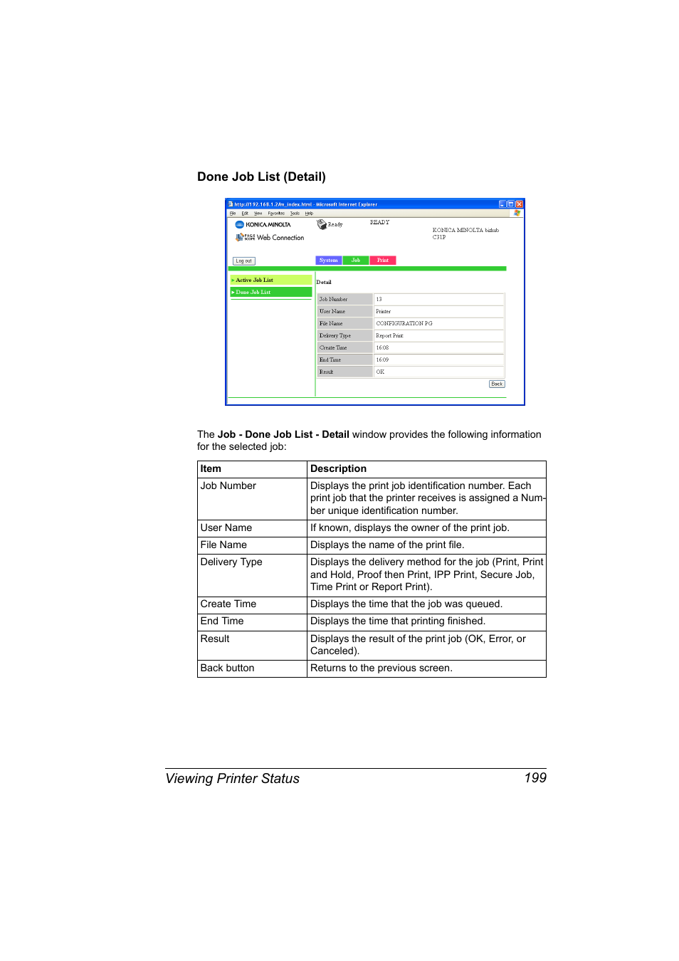 Done job list (detail), Done job list (detail) 199, Viewing printer status 199 | Konica Minolta bizhub C31P User Manual | Page 217 / 382