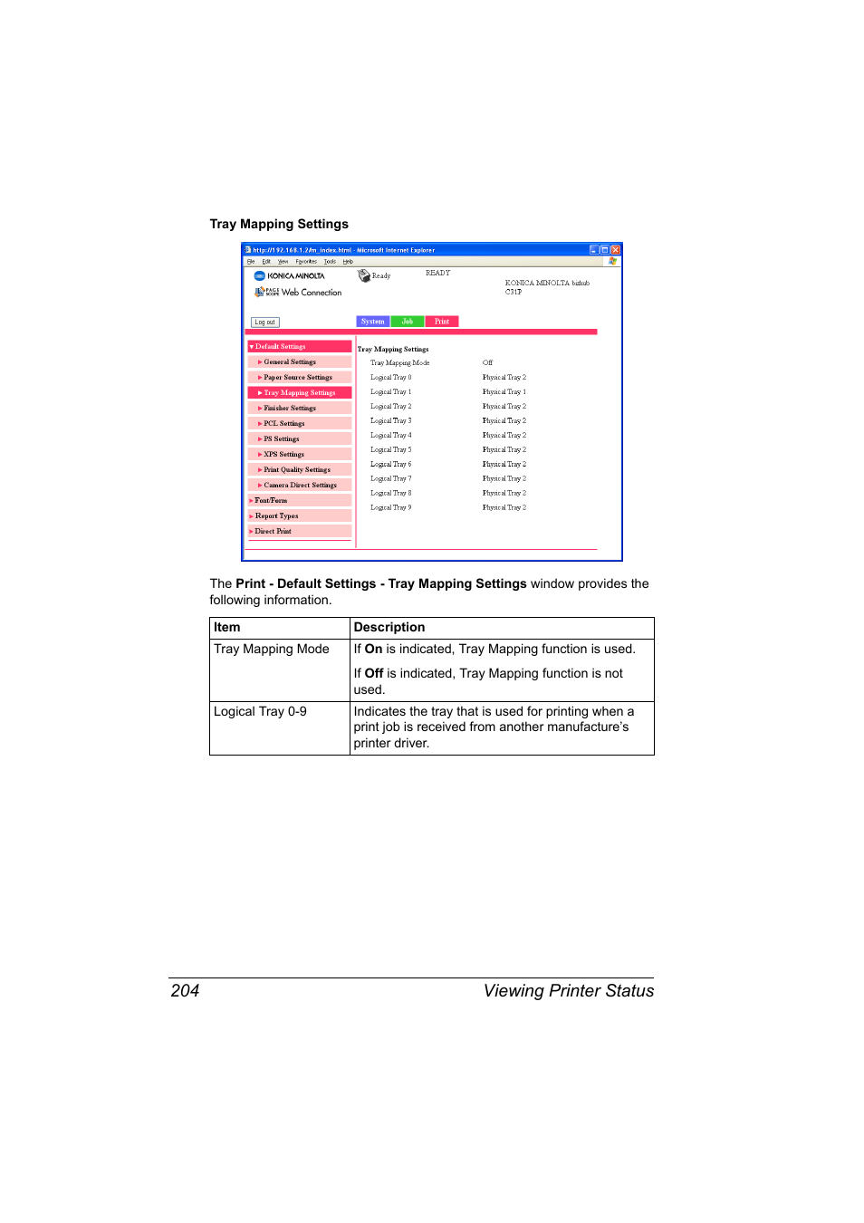 Viewing printer status 204 | Konica Minolta bizhub C31P User Manual | Page 222 / 382