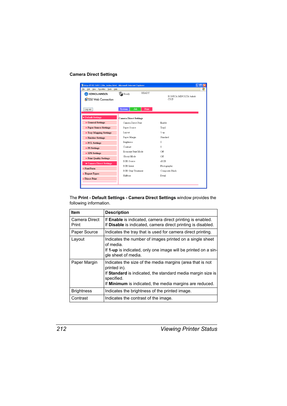 Viewing printer status 212 | Konica Minolta bizhub C31P User Manual | Page 230 / 382