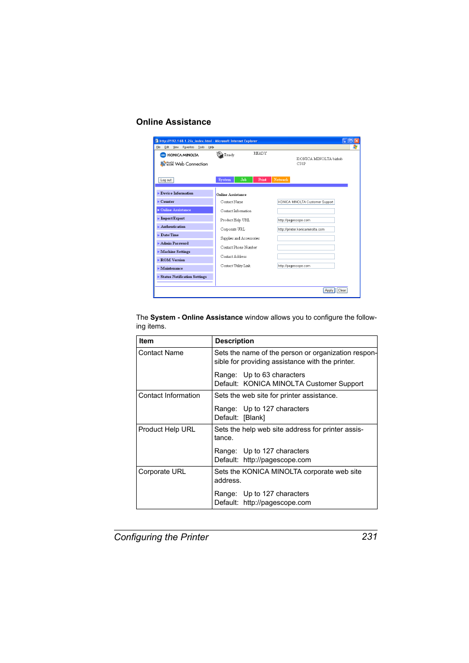 Online assistance, Online assistance 231, Configuring the printer 231 | Konica Minolta bizhub C31P User Manual | Page 249 / 382