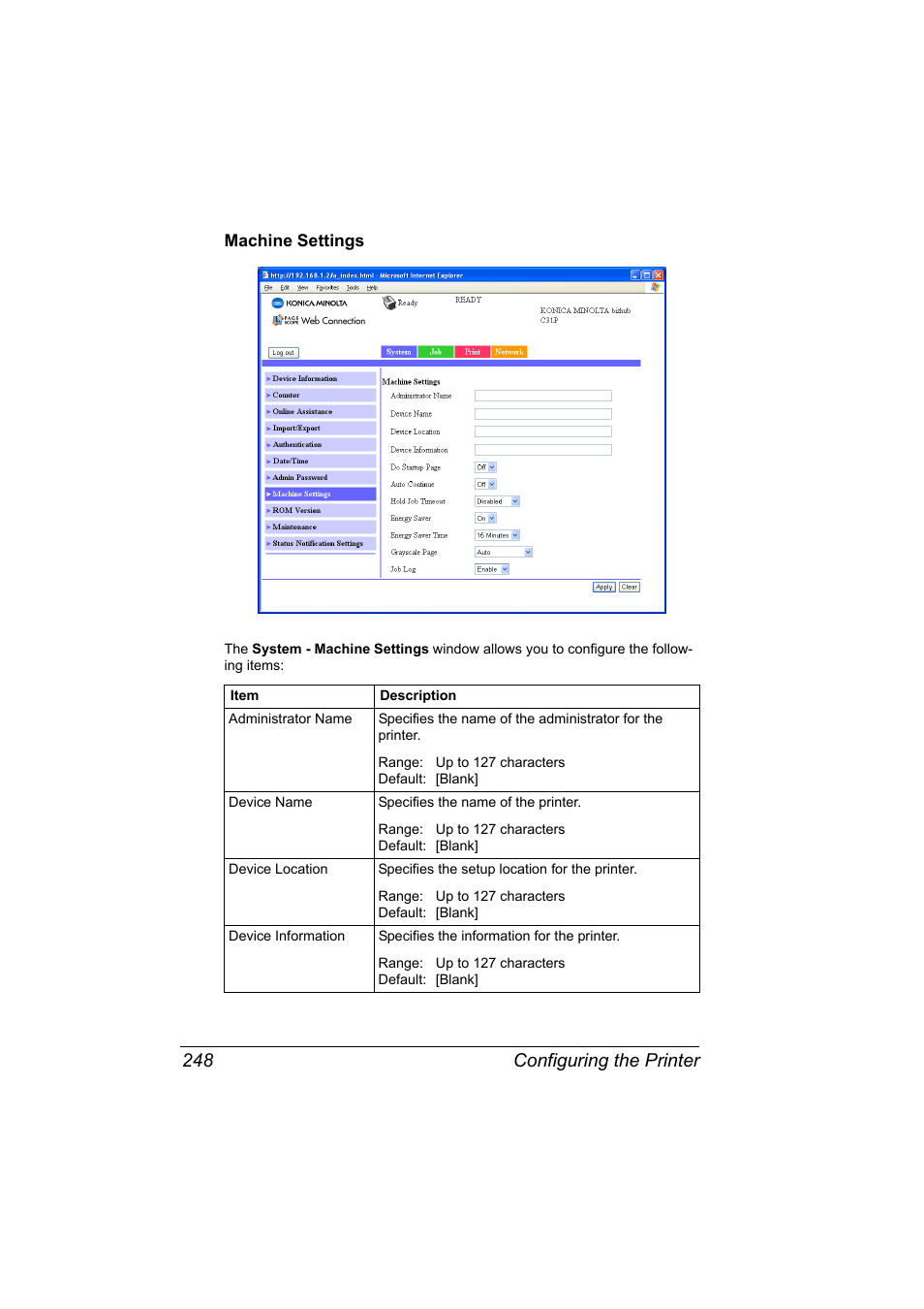 Machine settings, Machine settings 248, Configuring the printer 248 | Konica Minolta bizhub C31P User Manual | Page 266 / 382