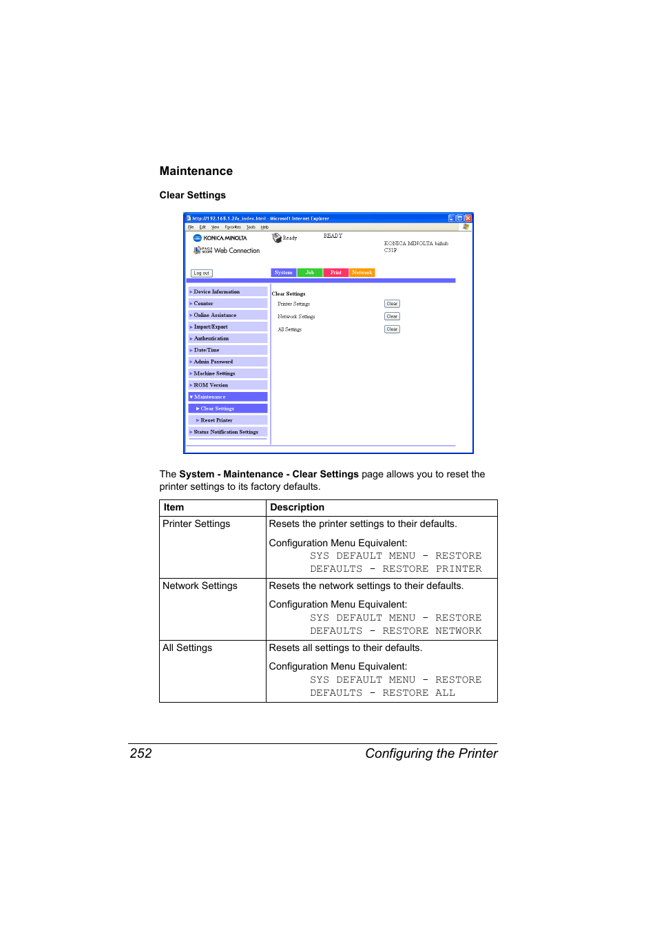 Maintenance, Maintenance 252, Configuring the printer 252 | Konica Minolta bizhub C31P User Manual | Page 270 / 382