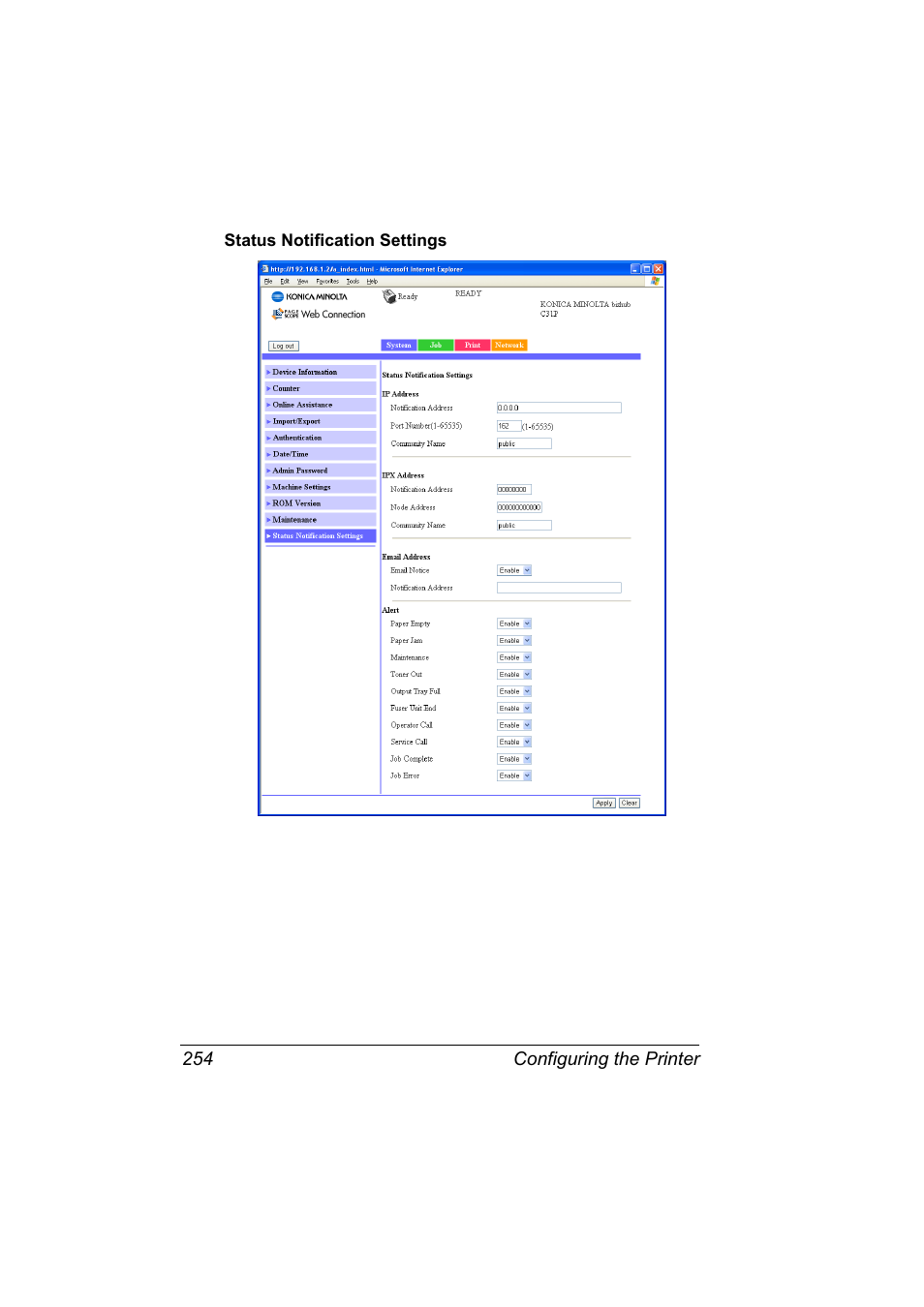 Status notification settings, Status notification settings 254 | Konica Minolta bizhub C31P User Manual | Page 272 / 382
