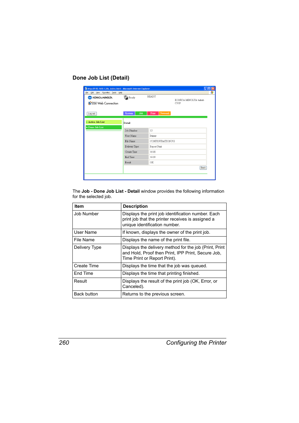 Done job list (detail), Done job list (detail) 260, Configuring the printer 260 | Konica Minolta bizhub C31P User Manual | Page 278 / 382