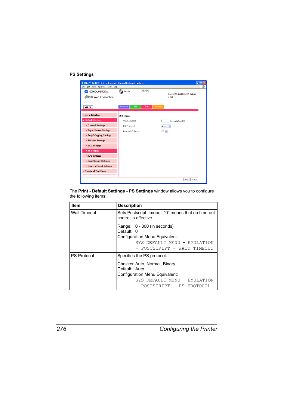 Configuring the printer 276 | Konica Minolta bizhub C31P User Manual | Page 294 / 382